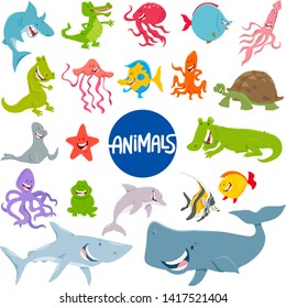 Cartoon Illustration of Marine Life Animal Characters Set