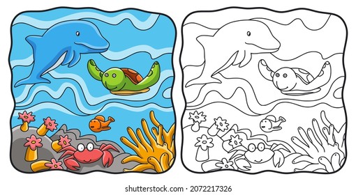 cartoon illustration marine life of dolphins, turtles, crabs and sea fish book or page for kids