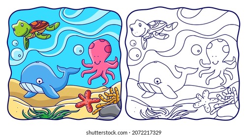 cartoon illustration marine life of whales, turtles, octopuses and starfish book or page for kids