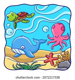 cartoon illustration marine life of whales, turtles, octopuses and starfish