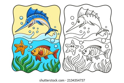 cartoon illustration Marlin fish is jumping from the water with a clown fish and a starfish under it book or page for kids