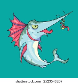 Cartoon illustration of a marlin fish sticking its tongue out at a fishing hook with a worm.