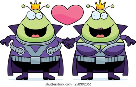 A cartoon illustration of a Martian couple holding hands and in love.