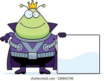 A cartoon illustration of a Martian king with a sign.