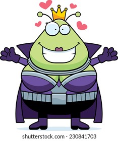 A cartoon illustration of a Martian queen ready to give a hug.