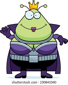 A cartoon illustration of a Martian queen waving.
