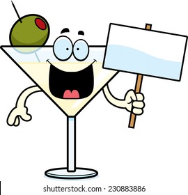 A cartoon illustration of a martini holding a sign.