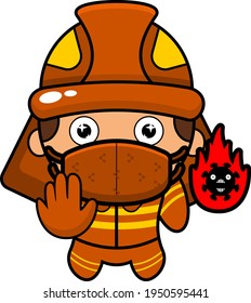 cartoon illustration of the mascot character of a firefighter wearing a mask and burning virus