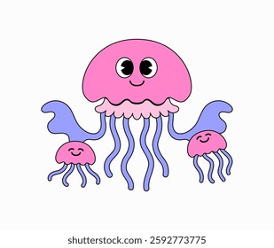 Cartoon illustration mascot character jellyfish with their kids, vector hand drawn