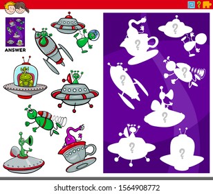 Cartoon Illustration of Match Objects and the Right Shape or Silhouette with Ufo and Alien Characters Educational Game for Children