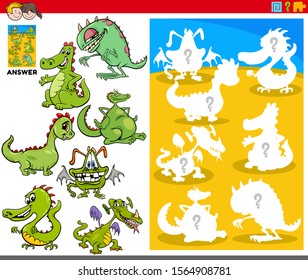 Ilustración de objetos de juego y la forma correcta o silueta con dragones personajes de fantasía juego educativo para niños
