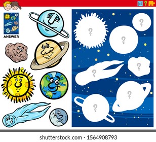 Cartoon Illustration of Match Objects and the Right Shape or Silhouette with Celestial Bodies Educational Game for Children