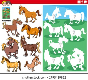 Cartoon Illustration of Match Objects and the Right Shape or Silhouette with Horses Farm Animal Characters Educational Game for Children