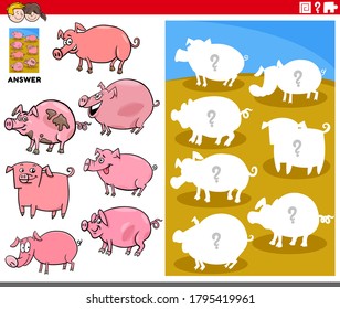 Cartoon Illustration of Match Objects and the Right Shape or Silhouette with Pigs Farm Animal Characters Educational Game for Children