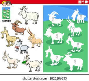 Cartoon Illustration of Match Objects and the Right Shape or Silhouette with Goats Farm Animal Characters Educational Game for Children