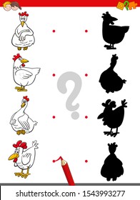 Cartoon Illustration of Match the Right Shadows with Pictures Educational Game for Children with Funny Chicken Farm Animal Characters