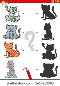 Cartoon Illustration of Match the Right Shadows with Pictures Educational Game for Children with Funny Cats Animal Characters