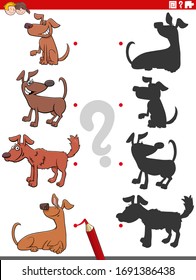 Cartoon Illustration of Match the Right Shadows with Pictures Educational Game for Children with Comic Dogs and Puppies Animal Characters