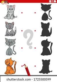 Cartoon Illustration of Match the Right Shadows with Pictures Educational Game for Children with Cats and Kittens Characters