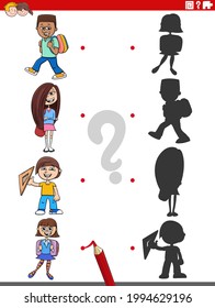 Cartoon illustration of match the right shadows with pictures educational game for children with school kids pupils characters