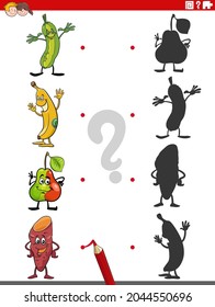 Cartoon illustration of match the right shadows with pictures educational game with fruit and vegetable characters