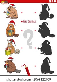 Cartoon-Illustration passend zu den richtigen Schatten mit Bildern pädagogisches Spiel mit Tierfiguren zu Weihnachten