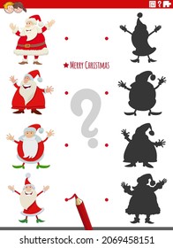 Cartoon illustration of match the right shadows with pictures educational task with Santa Claus characters on Christmas time