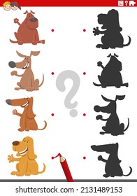 Cartoon illustration of match the right shadows with pictures educational task with dogs animal characters