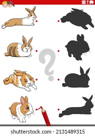 Cartoon illustration of match the right shadows with pictures educational game with rabbits animal characters
