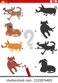 Cartoon illustration of match the right shadows with pictures educational game with funny dogs animal characters
