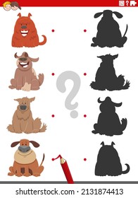 Cartoon illustration of match the right shadows with pictures educational game with dogs animal characters