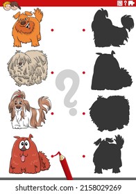 Cartoon illustration of match the right shadows with pictures educational game with shaggy dogs animal characters
