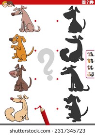 Cartoon illustration of match the right shadows with pictures educational activity with funny dogs