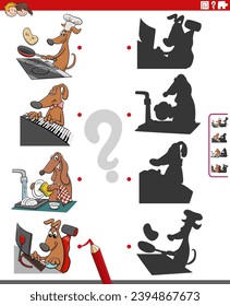 Cartoon illustration of match the right shadows with pictures educational activity with funny dog characters
