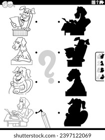 Cartoon illustration of match the right shadows with pictures educational game with funny dog characters coloring page