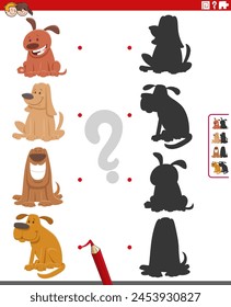 Cartoon-Illustration von Match the Right Shadows mit Bildern pädagogische Aktivität mit Hundefiguren