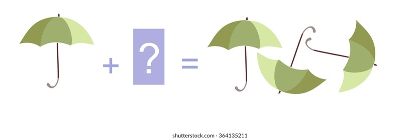 Cartoon illustration of mathematical addition. Example with umbrellas. Educational game for children.