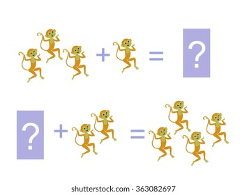 Cartoon illustration of mathematical addition. Examples with funny monkeys. Educational game for children.