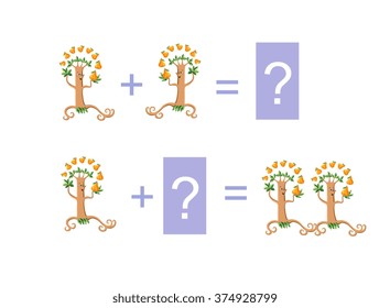 Cartoon illustration of mathematical addition. Examples with funny pear trees. Educational game for children.