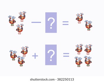 Cartoon illustration of mathematical addition. Examples with fairy birds . Educational game for children.