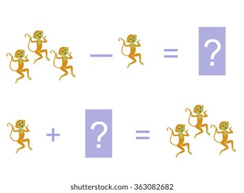Cartoon illustration of mathematical addition and subtraction. Examples with monkeys. Educational game for children.