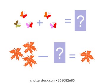 Cartoon illustration of mathematical addition and subtraction. Examples with butterflies and maple leaves. Educational game for children.