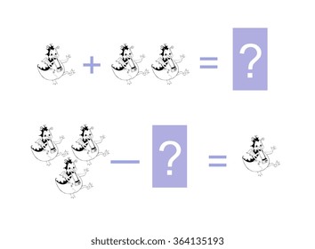 Cartoon illustration of mathematical addition and subtraction. Examples with happy dragons. Educational game for children.