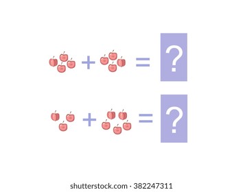 Cartoon illustration of mathematical addition and subtraction. Examples with apples. Educational game for children.