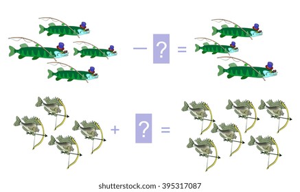 Cartoon illustration of mathematical addition and subtraction. Examples with fishes - pike and ruff.  Educational game for children. Vector image.