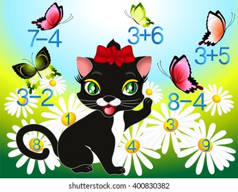 Cartoon illustration of mathematical addition and subtraction. Educational games for children.