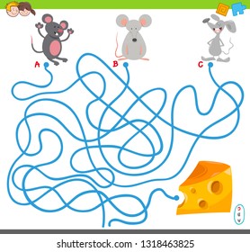 Cartoon Illustration of Maze Puzzle Activity Game with Mouse Animal Characters and Cheese