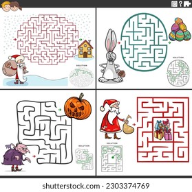 Cartoon illustration of maze puzzle games set with comic holidays characters