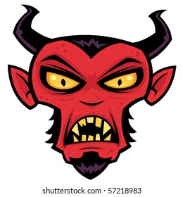 Cartoon illustration of a mean red devil character with horns, goatee, yellow eyes and fangs.