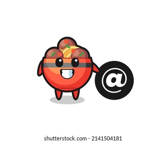 Cartoon Illustration of meatball bowl standing beside the At symbol , cute design